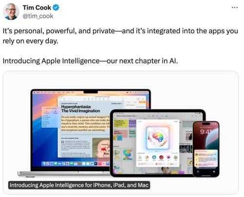库克：开始测试Apple Intelligence